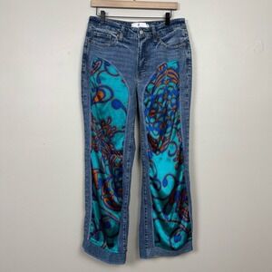 Upcycled Jeans 8 Blue High Rise Loose Satin Bohemian Paisley Denim